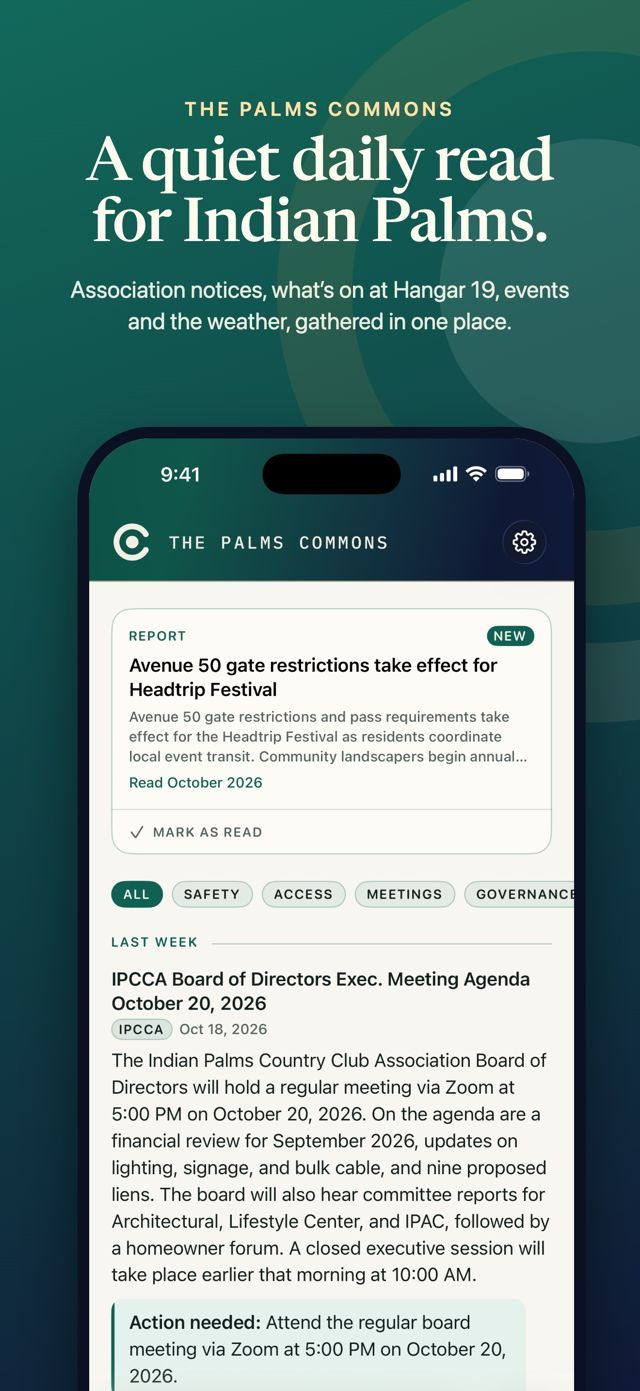 The Palms Commons front page: a quiet daily read for Indian Palms