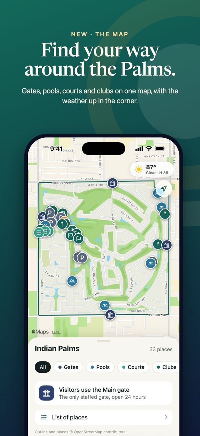 The map: gates, pools, courts and clubs on one map