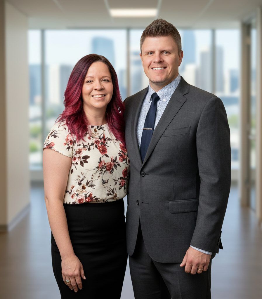 Christina Vidauri and Kyle Johnson standing together in an office