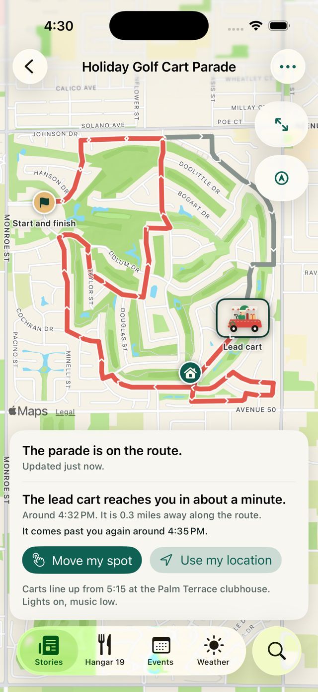 The parade map in the app, showing the route in red, the lead cart marker and when it reaches your spot